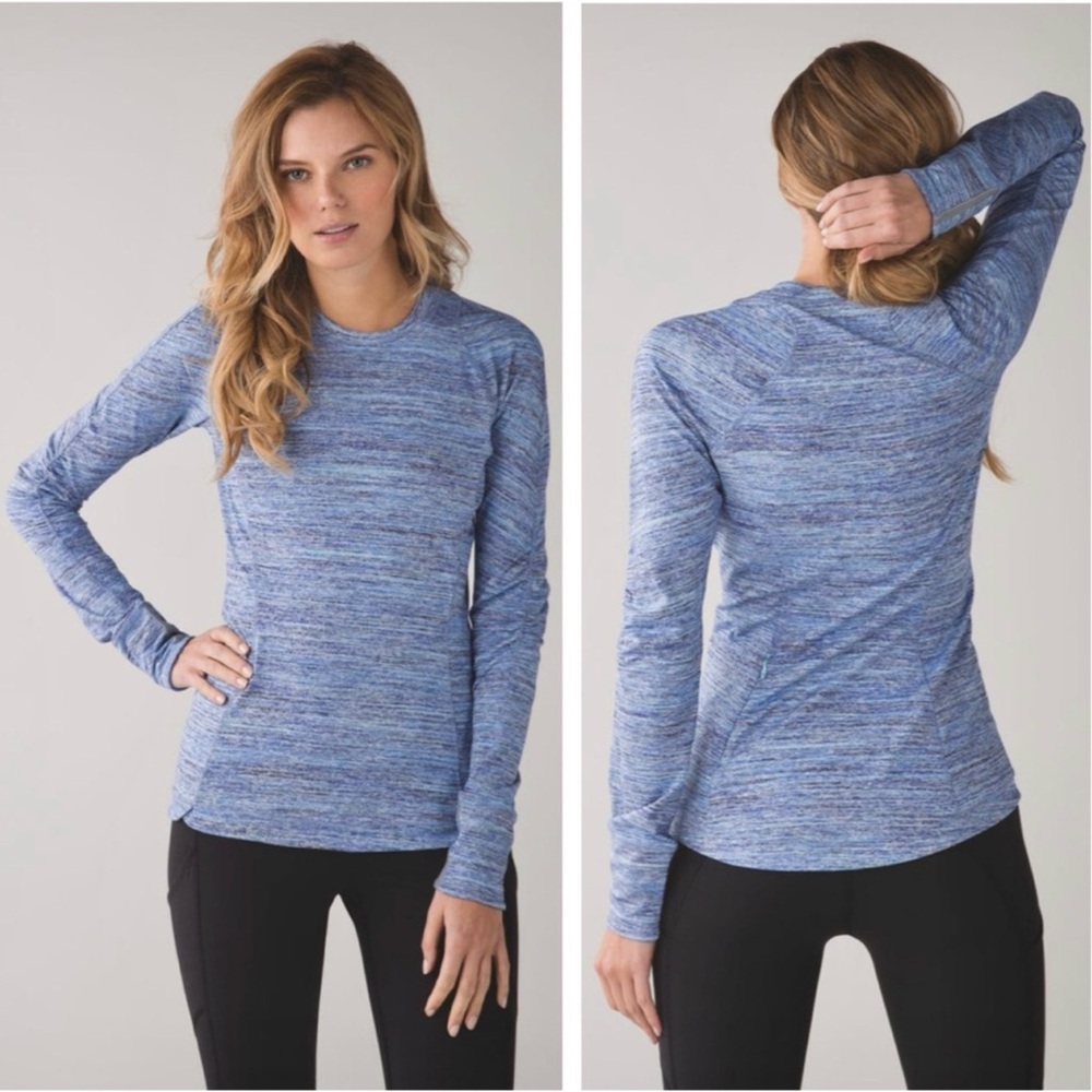 LULULEMON RUNDERFUL LONG SLEEVE SPACE DYE CAMO SHIRT CASPIAN BLUE SAPPHIRE SZ 8